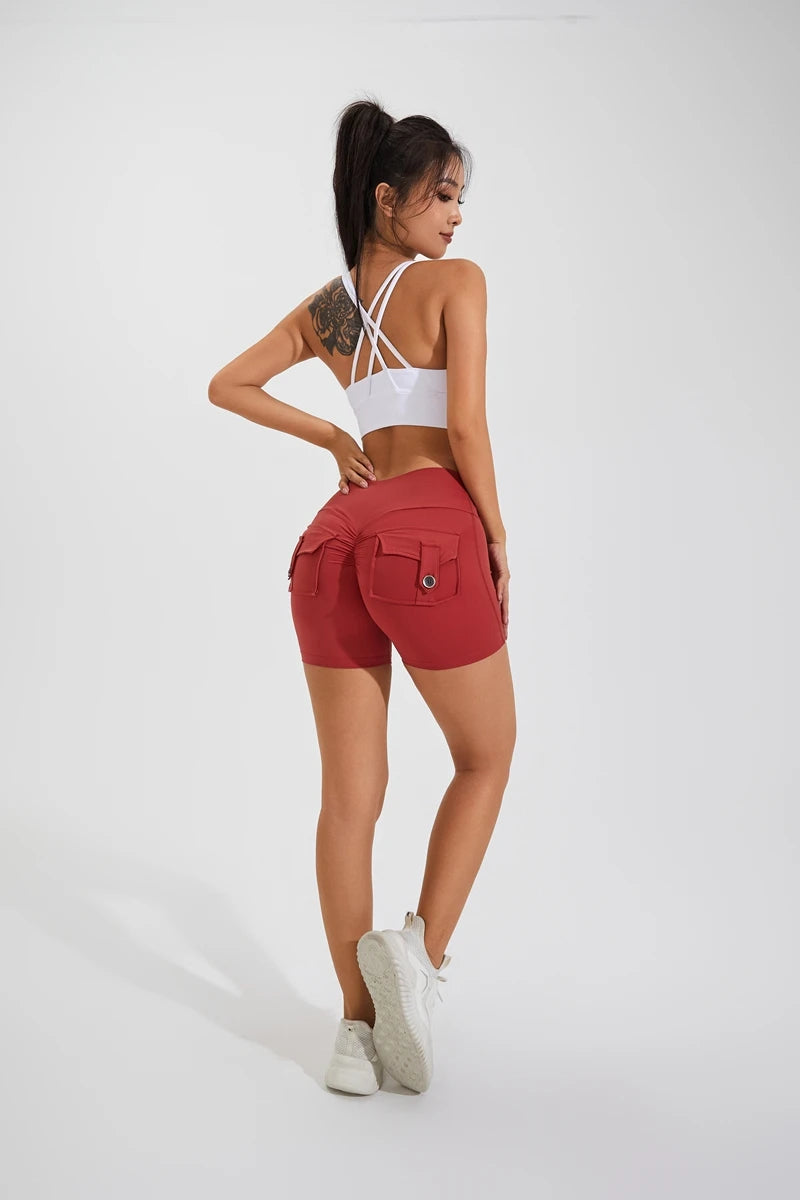 Yoga Shorts for with Pocket Scrunched Butt Gym Leggings High Waist Push Up Tights Fitness Shorts.