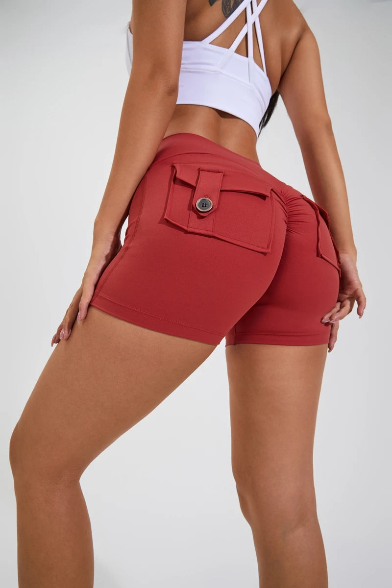 Yoga Shorts for with Pocket Scrunched Butt Gym Leggings High Waist Push Up Tights Fitness Shorts.