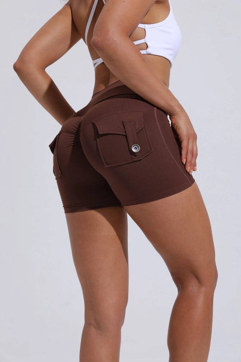 Yoga Shorts for with Pocket Scrunched Butt Gym Leggings High Waist Push Up Tights Fitness Shorts.