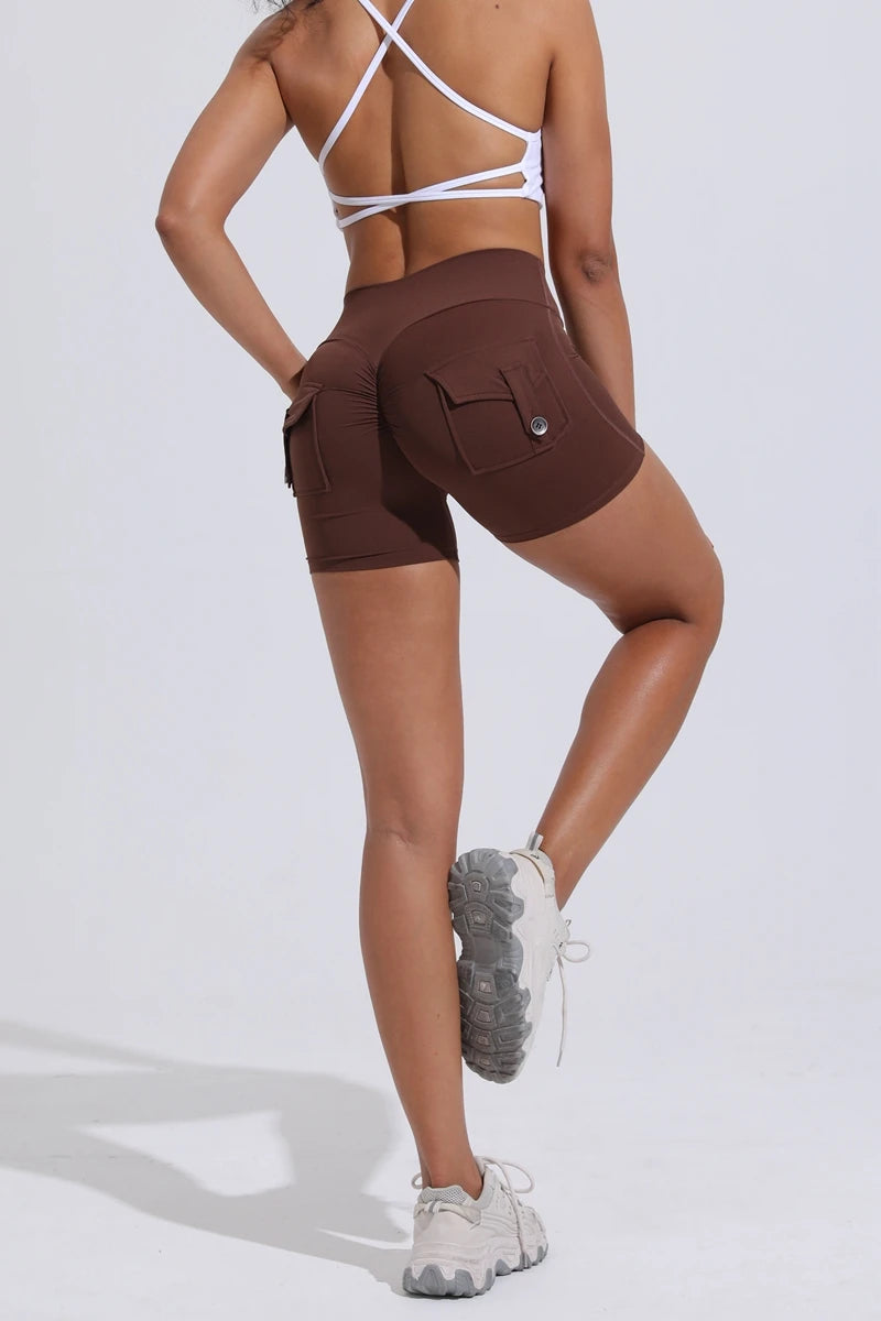 Yoga Shorts for with Pocket Scrunched Butt Gym Leggings High Waist Push Up Tights Fitness Shorts.