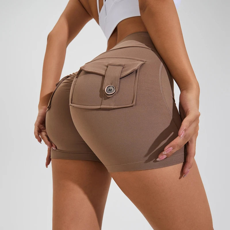 Yoga Shorts for with Pocket Scrunched Butt Gym Leggings High Waist Push Up Tights Fitness Shorts.