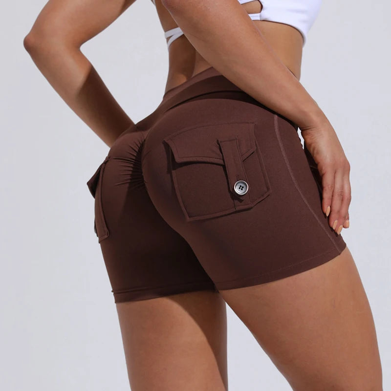 Yoga Shorts for with Pocket Scrunched Butt Gym Leggings High Waist Push Up Tights Fitness Shorts.