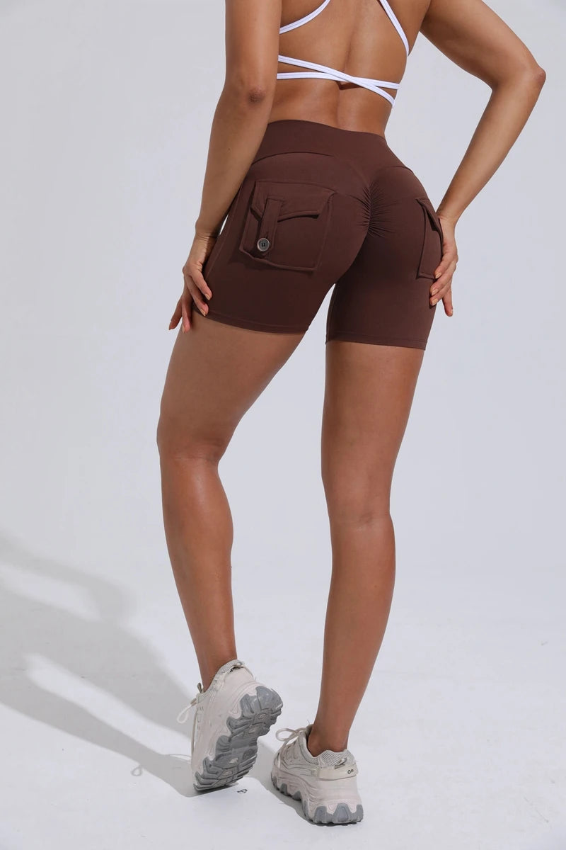 Yoga Shorts for with Pocket Scrunched Butt Gym Leggings High Waist Push Up Tights Fitness Shorts.