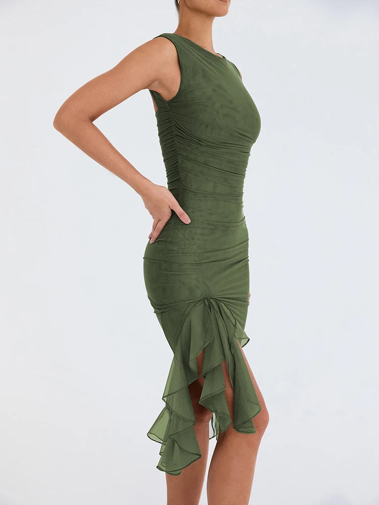 Elegant Ruffle Ruched Midi Dress